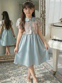 SHEIN 青少年女孩優雅圓領花瓣袖提花布料外套與洋裝套裝 - 黑色 - 查看 4