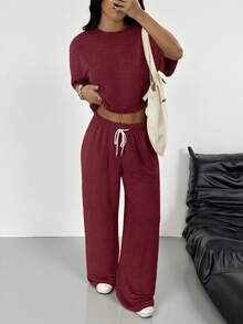SHEIN EZwear 女士纯色圆领中袖上衣搭配抽绳腰带口袋阔腿裤休闲日常套装 - 酒紅色 - 查看 4