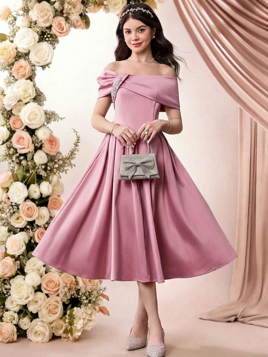 SHEIN Pitira Vestido elegante con chal tejido rosa con decoración de rhinestones para adolescentes - Rosa - Ver 1