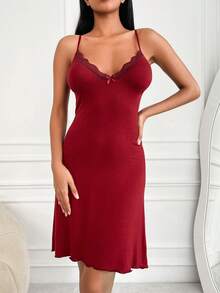 RueChic Lace Trim Cami Nightdress - Maroon - View 3