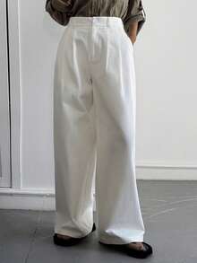 Livesso Quần dài nữ cạp cao bằng cotton, màu trắng trơn, thích hợp cho công sở và các dịp trang trọng. - trắng - Xem 3