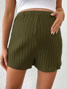 SHEIN 孕妇休闲日常通勤纯色罗纹可调节腰带短裤，夏季 - 軍綠色 - 查看 7