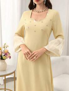 Elegant Women's Party Dress With Beaded & Rhinestone Embellished Square Neck, Lantern Sleeves, Fitted Silhouette And Back Slit - Yellow - View 7