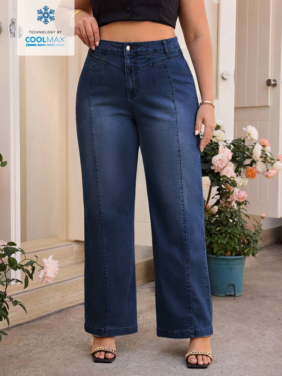 SHEIN Clasi Quần jeans dáng rộng, thoải mái, thoáng khí, có đai lưng, kiểu dáng thường ngày. - Màu xanh lam - Xem 1