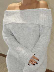 MDEdit 灰色露肩高领长袖迷你毛衣裙，上衣宽松下装紧身，适合年轻女士，秋冬 - 灰色 - 查看 7