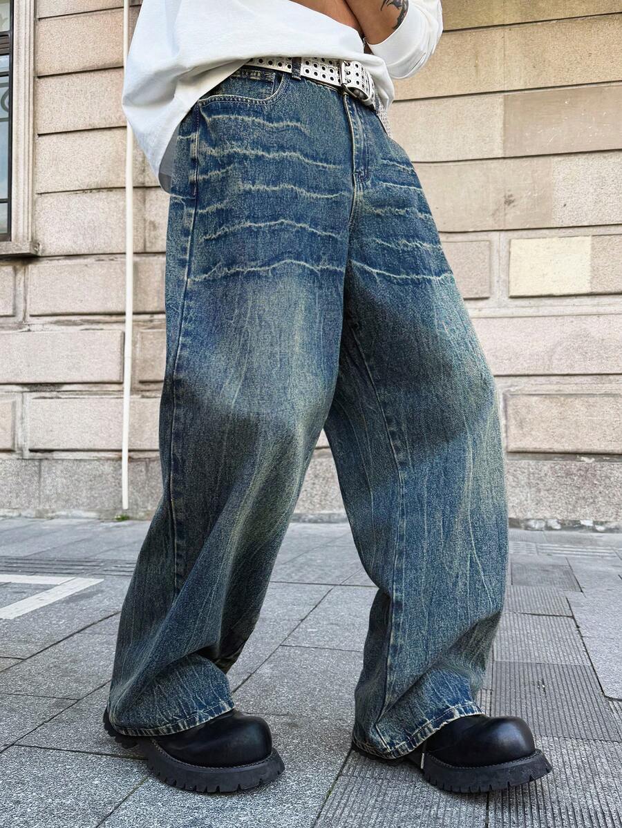 Manfinity EMRG Quần jeans ống rộng dáng suông, phong cách thường ngày, thích hợp cho nam giới, phù hợp với đường phố và đi làm. - Rửa tối - Xem 1