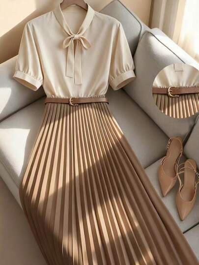 GlowEve Dam Färgblock Fluga Krage Rynkad A-linje Elegant Vardag Pendling Mode Fransk Gata Vintage Mångsidig Business Vår/Sommar Skjortaklänning