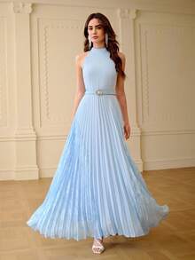 ZEYLAH Color Block Pleated Fitted Elegant Flared Dress, Spring/Summer - Blue - View 5