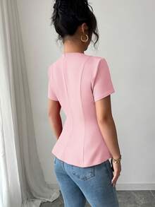 Elenzga Women's Casual Elegant Solid Color Round Neck Waist Cinched A-Line Bowknot Decor Back Zipper Short Sleeve Blouse, Spring/Summer - Pink - View 2