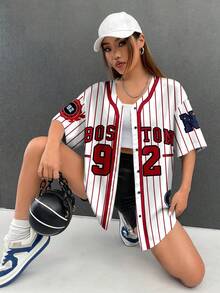 SHEIN EZwear 休闲运动街头风字母撞色条纹英文印花短袖衬衫，纽扣开襟，适合通勤、上学、日常休闲、旅行、运动、节日聚会等各种场合，四季皆宜。 - 彩色 - 查看 5
