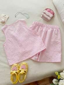 SHEIN Vintaside Kids 2件套女童无袖条纹编织背心，蝴蝶结装饰，松紧腰宽松休闲短裤，夏季 - 粉色 - 查看 5