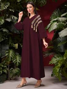 Al Najma V领拼接流苏设计宽松七分袖阿拉伯风格长裙 - 酒紅色 - 查看 8