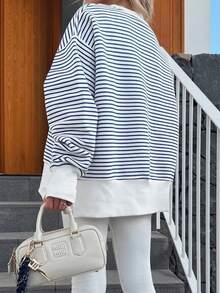 EMERY ROSE 女士条纹落肩长袖宽松休闲圆领开衩卫衣 - 黑色 - 查看 2