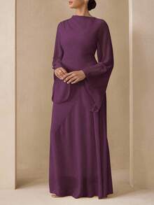 Modelyn 优雅雪纺粉彩色连衣裙，适合女性，教师适用，返校季，大码，秋季款 - 紫色 - 查看 5