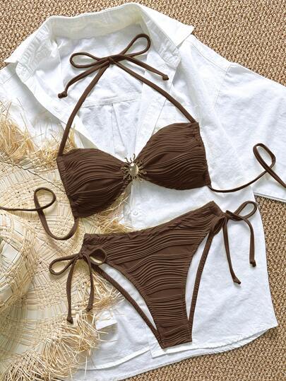 Swim Mod Swim Chiccia 纹理面料金属扣挂脖系带比基尼套装，夏季海滩度假