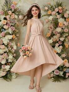 1pc Elegant Sleeveless Woven Solid Color Halter Neck Patchwork Asymmetric Hem Dress, Suitable For Teen Girls, Party & Wedding Guest Dress