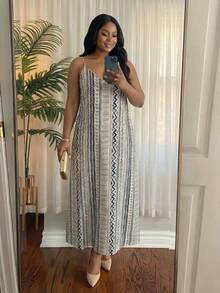 SHEIN Lady CURVE Vestido casual holgado con tirantes y estampado geométrico para mujer de talla grande - Multicolor - Ver 6