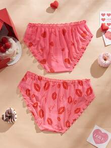 Eraneu 2条装女士粉色嘴唇和爱心图案荷叶边内裤，情人节 - 紅色 - 查看 2