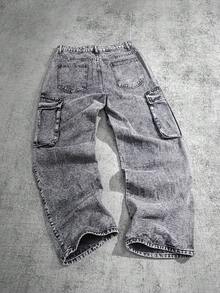 Manfinity ZONE917 宽松男式翻盖口袋和侧面板工装牛仔裤（不含腰带） - 灰色 - 查看 6