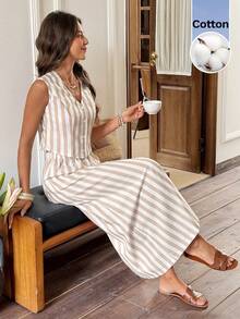 Serisse 女士条纹单排扣背心半身休闲两件套，纯棉面料，法式无袖条纹背心上衣+高腰长裙两件套，杏色条纹套装，清新显瘦，舒适透气，适合夏季穿着，也适合野餐、夏季度假、春夏过渡季节。 - 杏色 - 查看 3