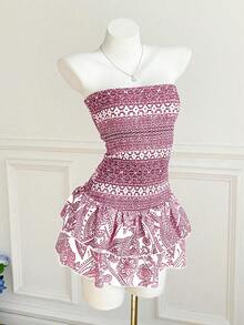 Elamini Petite Đầm quây thời trang nữ in hoa, xếp tầng, có bèo nhún, thích hợp cho kỳ nghỉ. - Hồng - Xem 3