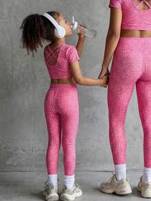 Girls (Small) Casual Professional Fashion Pink Leopard Print Tight Yoga Exercise Sports Leggings Cycling Pants Activewear - Pink - View 1