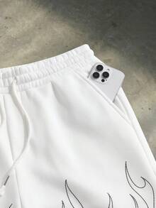 SWAVVY 男士抽绳腰带火焰印花休闲百搭日常短裤 - 白色 - 查看 4