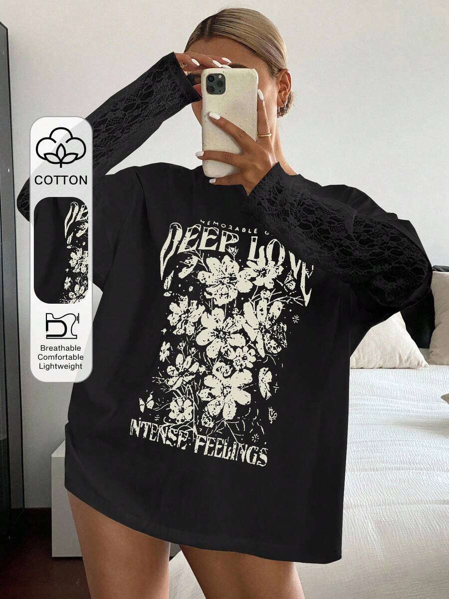 DAZY Áo thun nữ họa tiết ren tương phản, dáng rộng, thường ngày mùa hè - màu đen - Xem 1