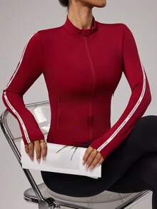 Core Rhythm 女士休闲简约拉链修身运动外套，秋冬款 - 酒紅色 - 查看 7