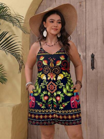 EMERY ROSE Resort Floral Print Casual Loose Fit Jumpsuit, Suitable For Plus Size, Summer Suitable For Going Out