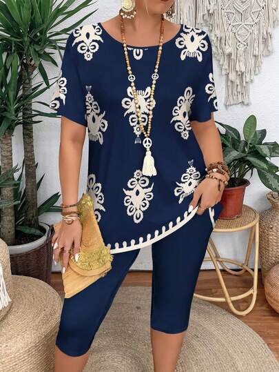 EMERY ROSE 大码休闲复古印花短袖圆领上衣和七分裤两件套，简约时尚夏季女装