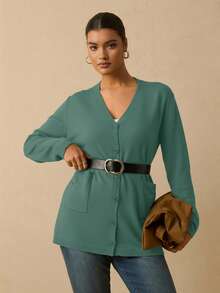 Travachic 秋冬季大码女式纯色V领休闲纽扣开襟毛衣 - 綠色 - 查看 3