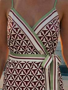 CAJUNI 女士度假几何条纹印花系腰吊带连衣裙 - 卡其色 - 查看 5