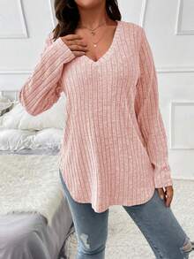 EMERY ROSE 大码女式纯色罗纹针织 V 领宽松长袖休闲 T 恤 - 粉色 - 查看 6