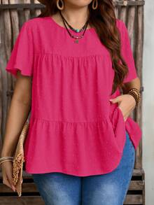 Rusticease Plus Size Women's Solid Color Round Neck Ruffle Short Sleeve Loose Blouse,Boho Summer,Western Wear Women,Vacation, Summer Tops - Hot Pink - View 3