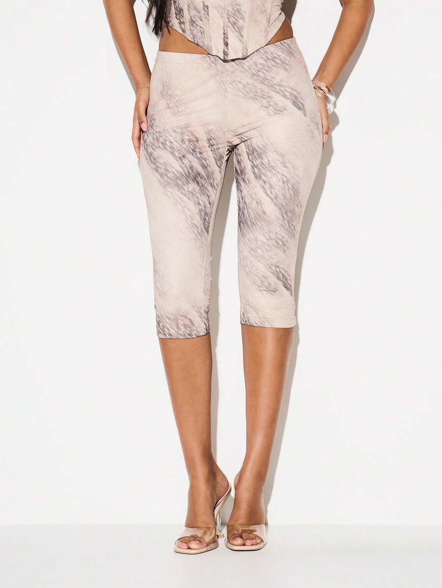 KIZN Animal Print Mid Rise Capri Leggings With Marble Stone Pattern And Lace Up Back Detail For Summer Fashion - Apricot - View 1