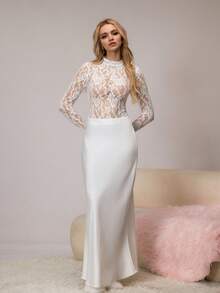 Women's Floral Lace Collar Long Sleeve Sheer Sexy Lingerie Jumpsuit - White - View 4