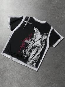 ROMWE MEN Áo thun nam tay ngắn phong cách đường phố punk, họa tiết chữ thập và khẩu hiệu, chất liệu vải mài, thích hợp cho mùa hè. - màu đen - Xem 2