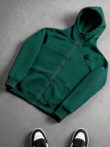 Manfinity Roghcode 宽松拉链连帽卫衣，舒适街头风都市时尚休闲运动外套，冬季必备 - 墨綠色 - 查看 5