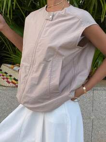 DAZY Women's Solid Color Zipper Front Casual Loose Vest Jacket - Coffee Brown - View 7