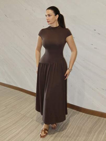 MDEdit Women's Solid Color Stand Collar Puffed Sleeve Pleated Long Casual Dress, Summer Brown Dress