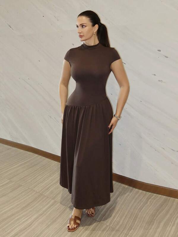 MDEdit Women's Solid Color Stand Collar Puffed Sleeve Pleated Long Casual Dress, Summer Brown Dress