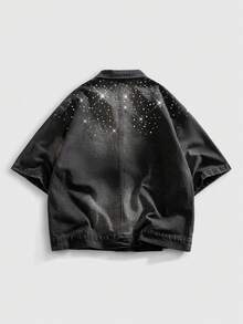 ROMWE MEN 水钻装饰休闲宽松牛仔短袖上衣 - 黑色 - 查看 2