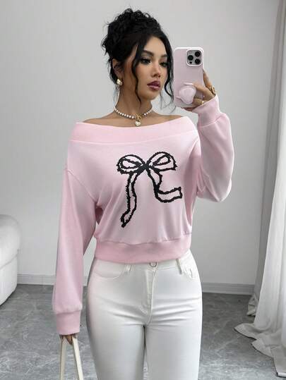 Elenzga Conjunto casual de primavera/verano para mujer, adecuado para Año Nuevo, Día de San Valentín, Pascua, Día de la Madre, fiesta de Oriente Medio, boda, elegante vacación romántica francesa, sudadera de manga larga con estampado de lazo y cuello barco, color rosa