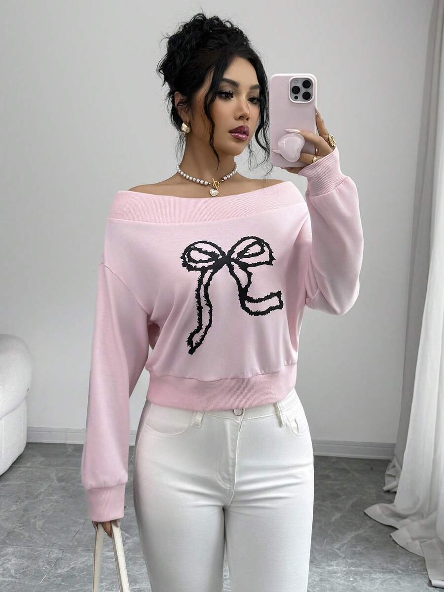 Elenzga Women's Spring/Summer Casual Outfit, Suitable For New Year, Valentine's Day, Easter, Mother's Day, Middle Eastern Party, Wedding, Elegant French Sweet Romantic Vacation, Boat Neck Bow Print Long Sleeve Sweatshirt, Pink - Pink - View 1