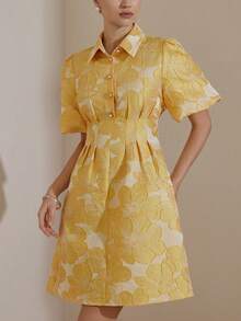 Aveloria Rosie Elegant Sweet Puff Sleeve Jacquard Cutout Waist Pleated Mini Dress - Yellow - View 1