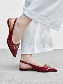 CUCCOO BIZCHIC Pointed Toe Patent Leather Mule Shoes, Suitable For Commuting And French Chic Style, Featuring Metal Buckle Accent For Luxe Touch - Burgundy - View 4