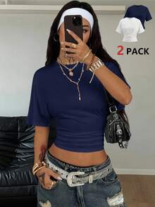 Coolane 女士秋季极简主义Y2K基础日常休闲返校街头风弹力白色宽松褶皱短款T恤黑白两件套 - 藏蓝色 - 查看 3