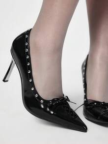 ROMWE Grunge Punk Women's Fashion Commuter Studded Decor Lace-Up Pointed Toe Pumps - Black - View 2