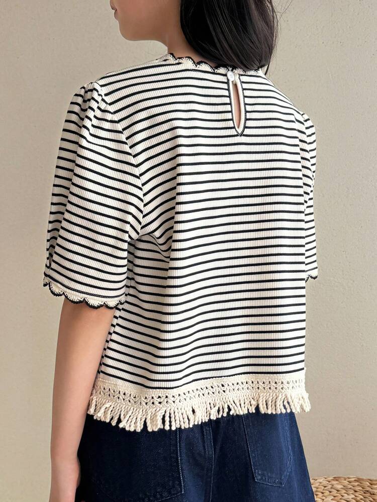 Tween Girl Shell Trim Striped Print Round Neck Short Sleeve T-Shirt Summer